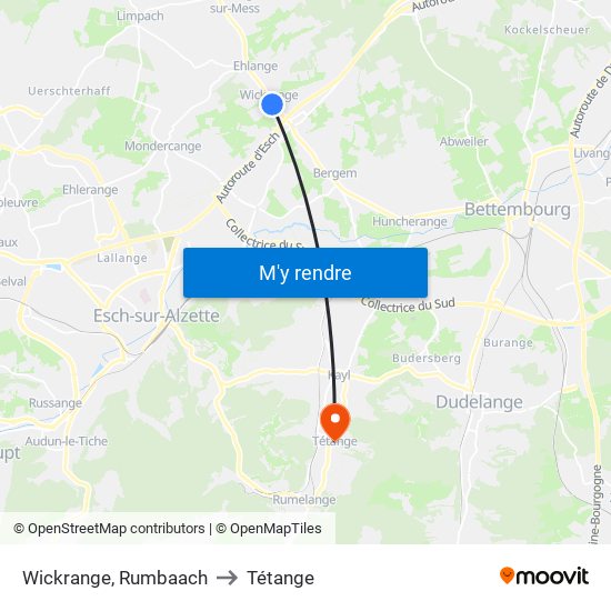 Wickrange, Rumbaach to Tétange map