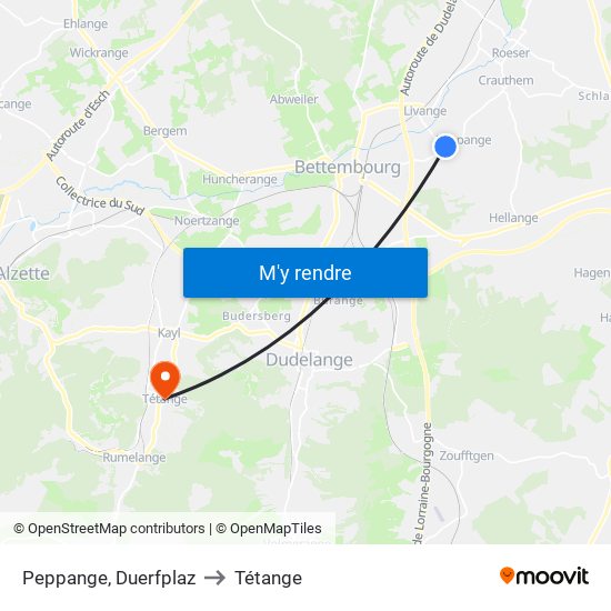 Peppange, Duerfplaz to Tétange map