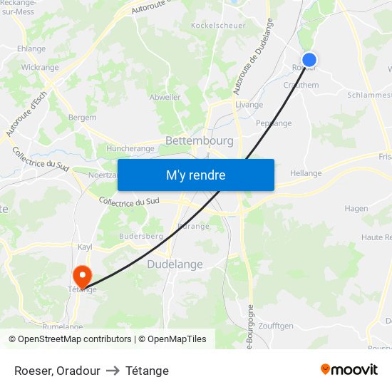 Roeser, Oradour to Tétange map