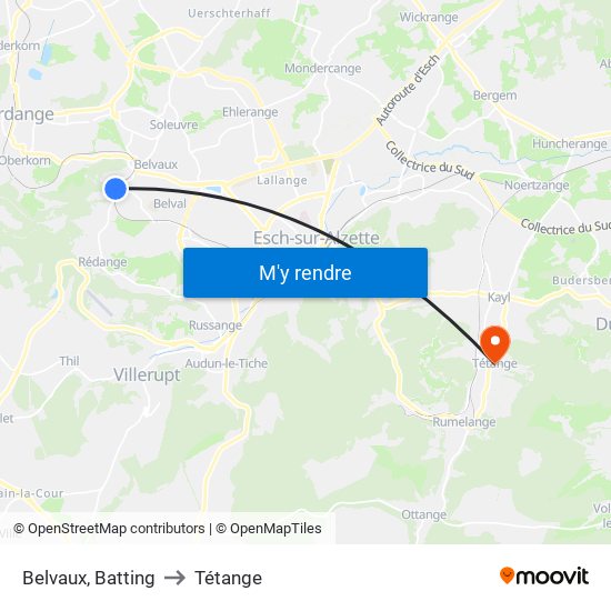Belvaux, Batting to Tétange map