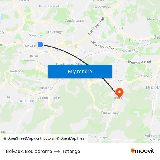 Belvaux, Boulodrome to Tétange map
