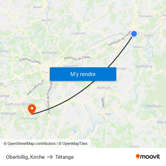 Oberbillig, Kirche to Tétange map