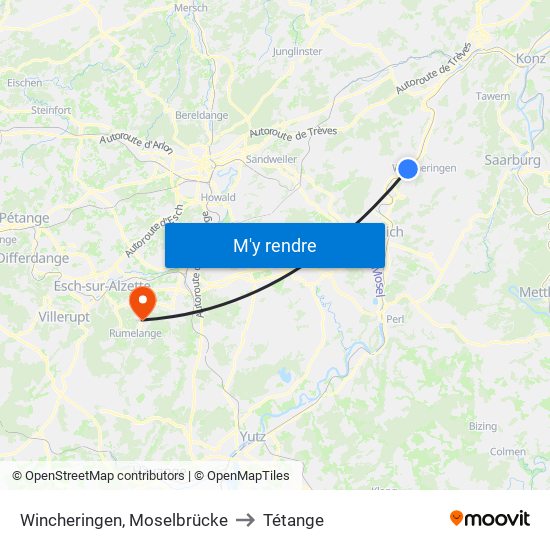 Wincheringen, Moselbrücke to Tétange map