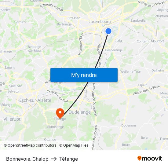 Bonnevoie, Chalop to Tétange map