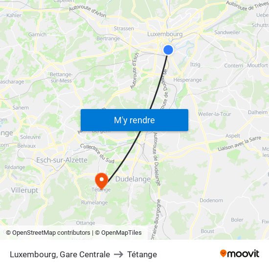 Luxembourg, Gare Centrale to Tétange map