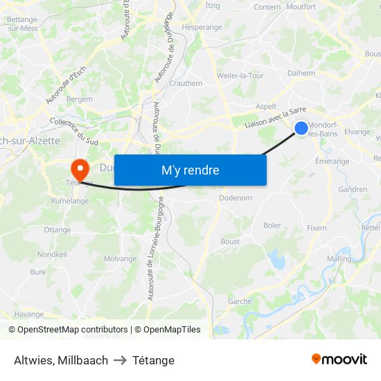 Altwies, Millbaach to Tétange map