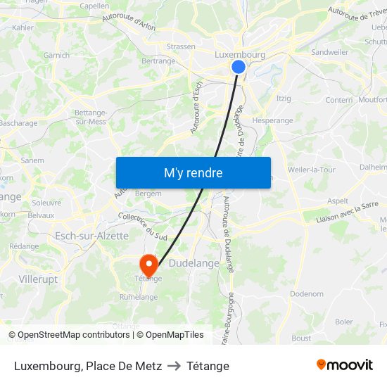 Luxembourg, Place De Metz to Tétange map