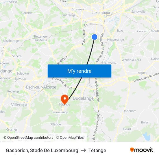 Gasperich, Stade De Luxembourg to Tétange map