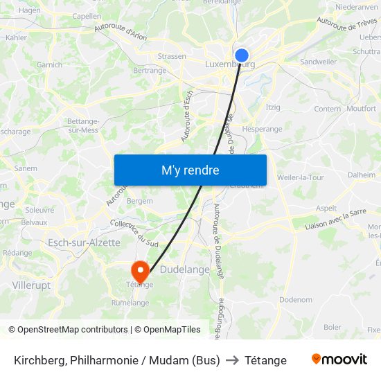 Kirchberg, Philharmonie / Mudam (Bus) to Tétange map