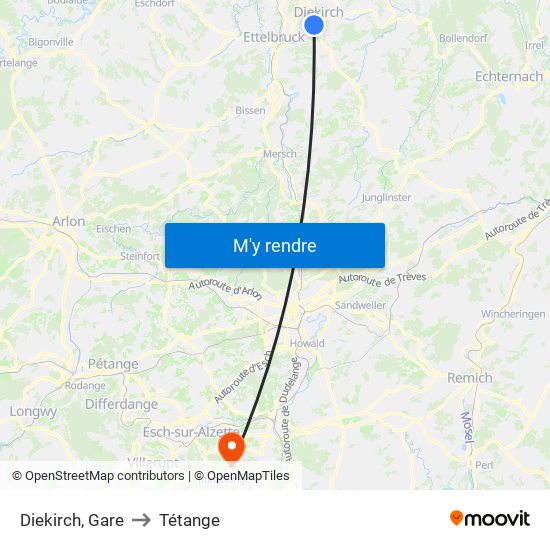 Diekirch, Gare to Tétange map