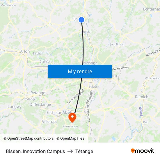 Bissen, Innovation Campus to Tétange map