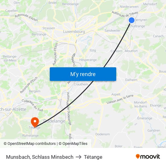 Munsbach, Schlass Minsbech to Tétange map