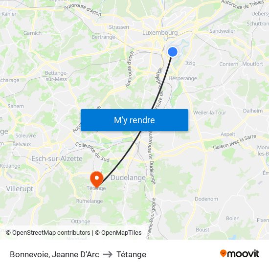 Bonnevoie, Jeanne D'Arc to Tétange map