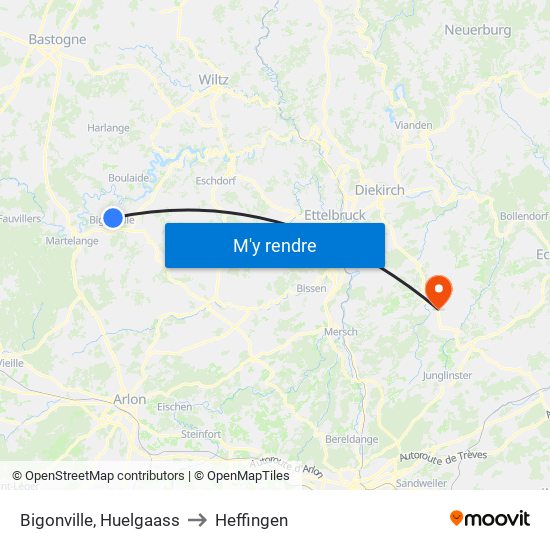 Bigonville, Huelgaass to Heffingen map