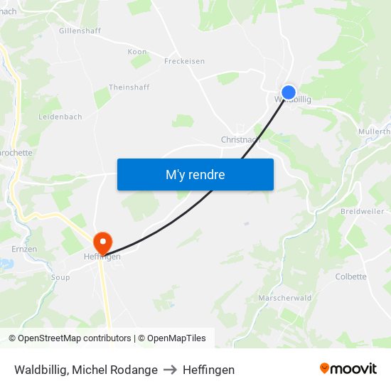 Waldbillig, Michel Rodange to Heffingen map