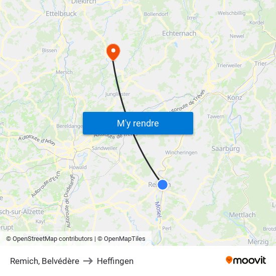 Remich, Belvédère to Heffingen map