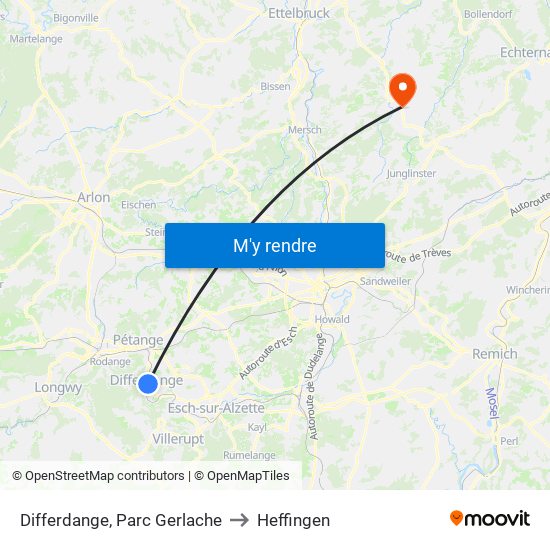 Differdange, Parc Gerlache to Heffingen map
