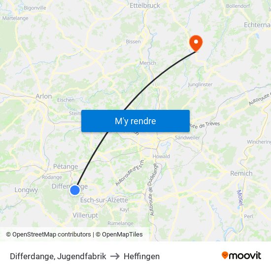 Differdange, Jugendfabrik to Heffingen map