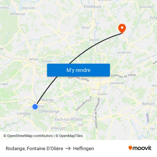 Rodange, Fontaine D'Olière to Heffingen map