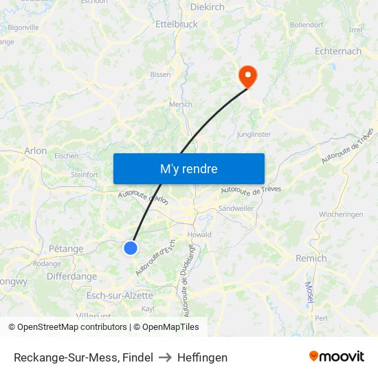 Reckange-Sur-Mess, Findel to Heffingen map