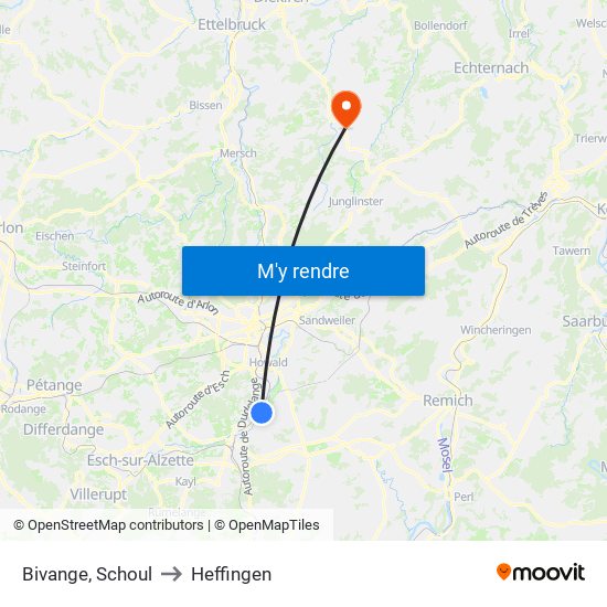 Bivange, Schoul to Heffingen map