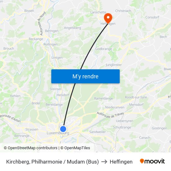 Kirchberg, Philharmonie / Mudam (Bus) to Heffingen map