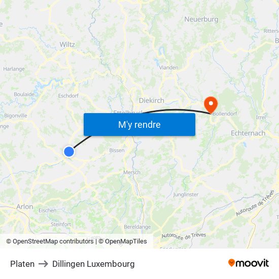 Platen to Dillingen Luxembourg map