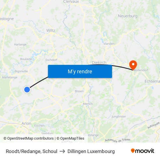 Roodt/Redange, Schoul to Dillingen Luxembourg map