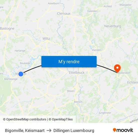 Bigonville, Kéismaart to Dillingen Luxembourg map