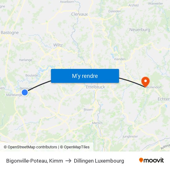 Bigonville-Poteau, Kimm to Dillingen Luxembourg map