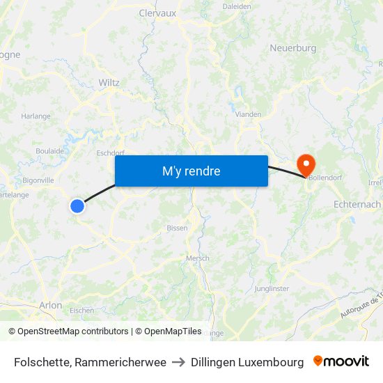 Folschette, Rammericherwee to Dillingen Luxembourg map