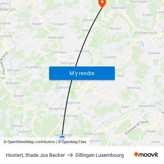 Hostert, Stade Jos Becker to Dillingen Luxembourg map