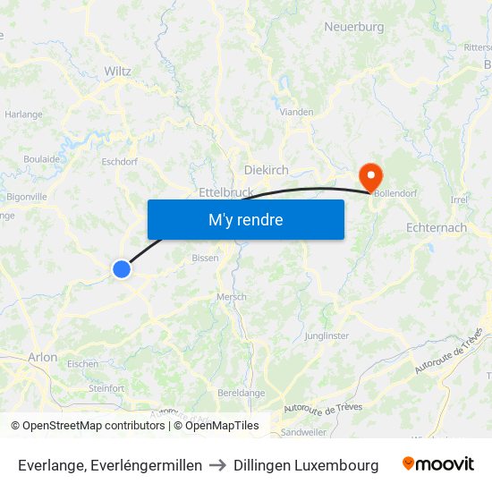 Everlange, Everléngermillen to Dillingen Luxembourg map