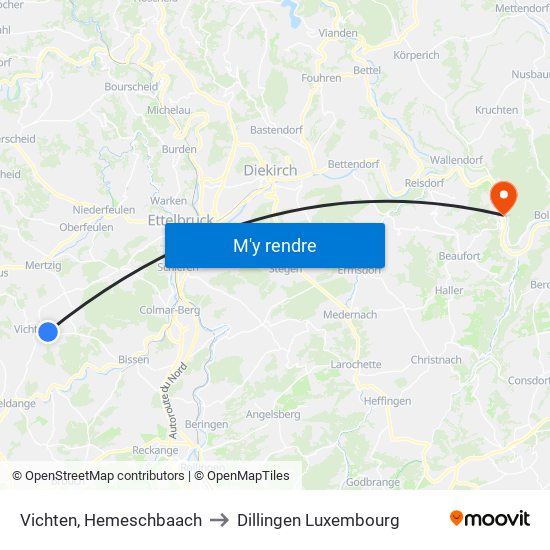 Vichten, Hemeschbaach to Dillingen Luxembourg map
