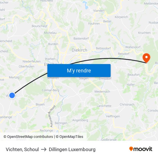 Vichten, Schoul to Dillingen Luxembourg map