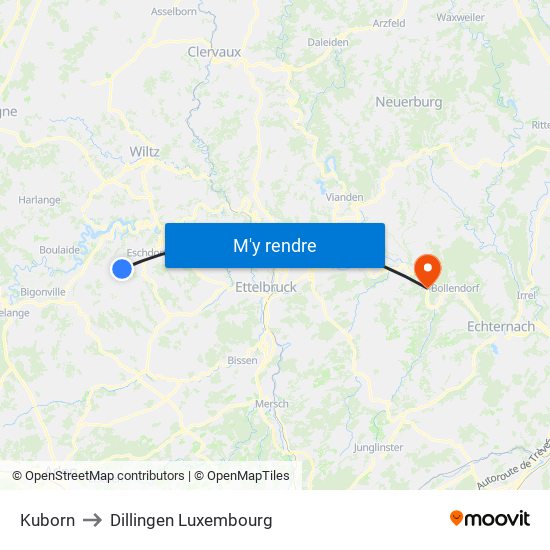 Kuborn to Dillingen Luxembourg map