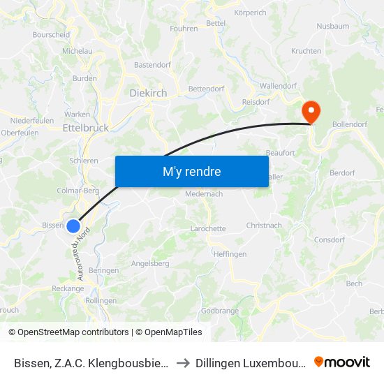Bissen, Z.A.C. Klengbousbierg to Dillingen Luxembourg map