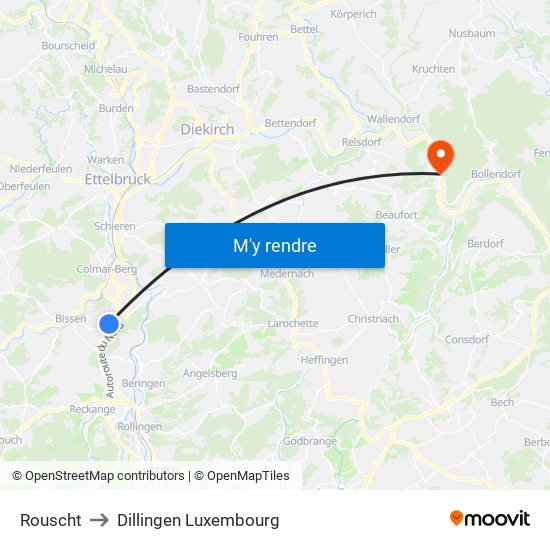 Rouscht to Dillingen Luxembourg map