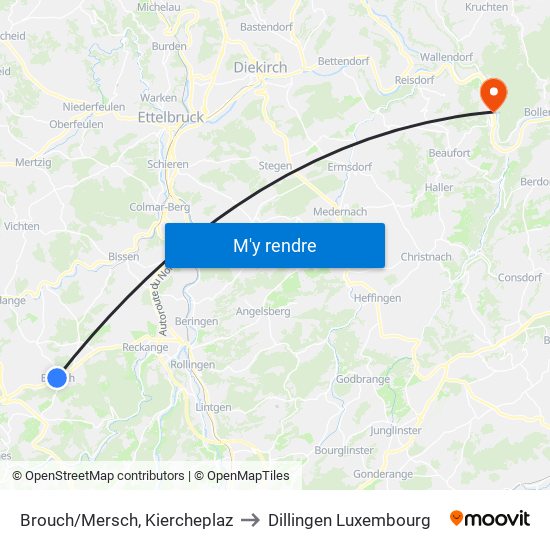 Brouch/Mersch, Kiercheplaz to Dillingen Luxembourg map