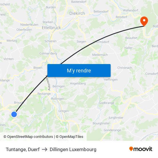 Tuntange, Duerf to Dillingen Luxembourg map