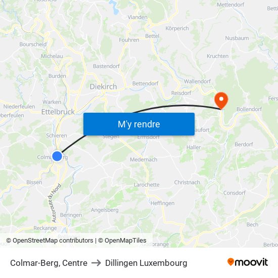 Colmar-Berg, Centre to Dillingen Luxembourg map