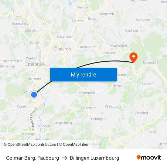 Colmar-Berg, Faubourg to Dillingen Luxembourg map