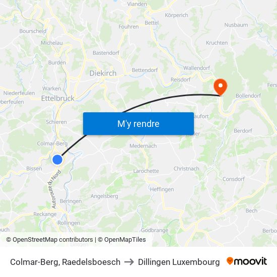 Colmar-Berg, Raedelsboesch to Dillingen Luxembourg map