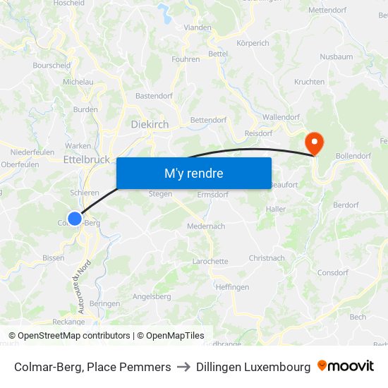 Colmar-Berg, Place Pemmers to Dillingen Luxembourg map