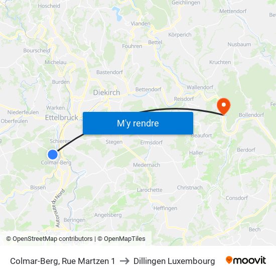 Colmar-Berg, Rue Martzen 1 to Dillingen Luxembourg map