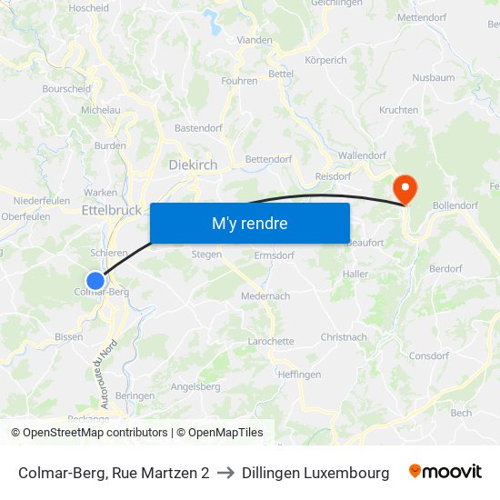 Colmar-Berg, Rue Martzen 2 to Dillingen Luxembourg map