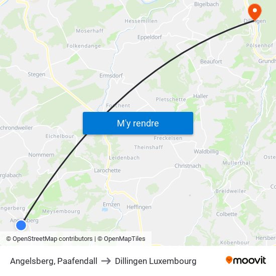 Angelsberg, Paafendall to Dillingen Luxembourg map