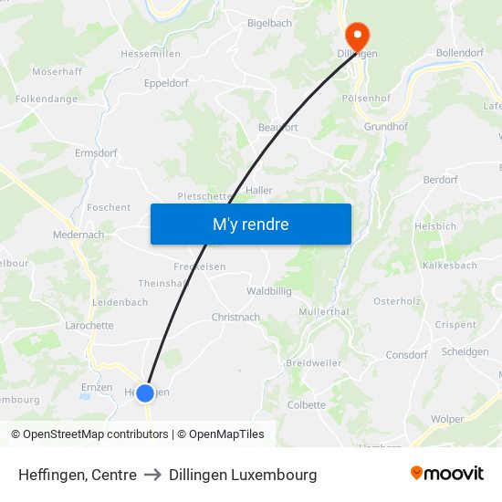 Heffingen, Centre to Dillingen Luxembourg map