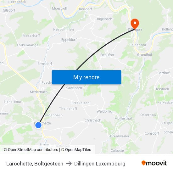 Larochette, Boltgesteen to Dillingen Luxembourg map