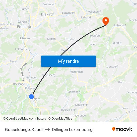 Gosseldange, Kapell to Dillingen Luxembourg map